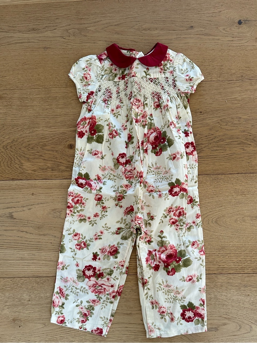 Janie and jack Floral Smocked Girls Romper with Burgundy Collar 18/24m NWT